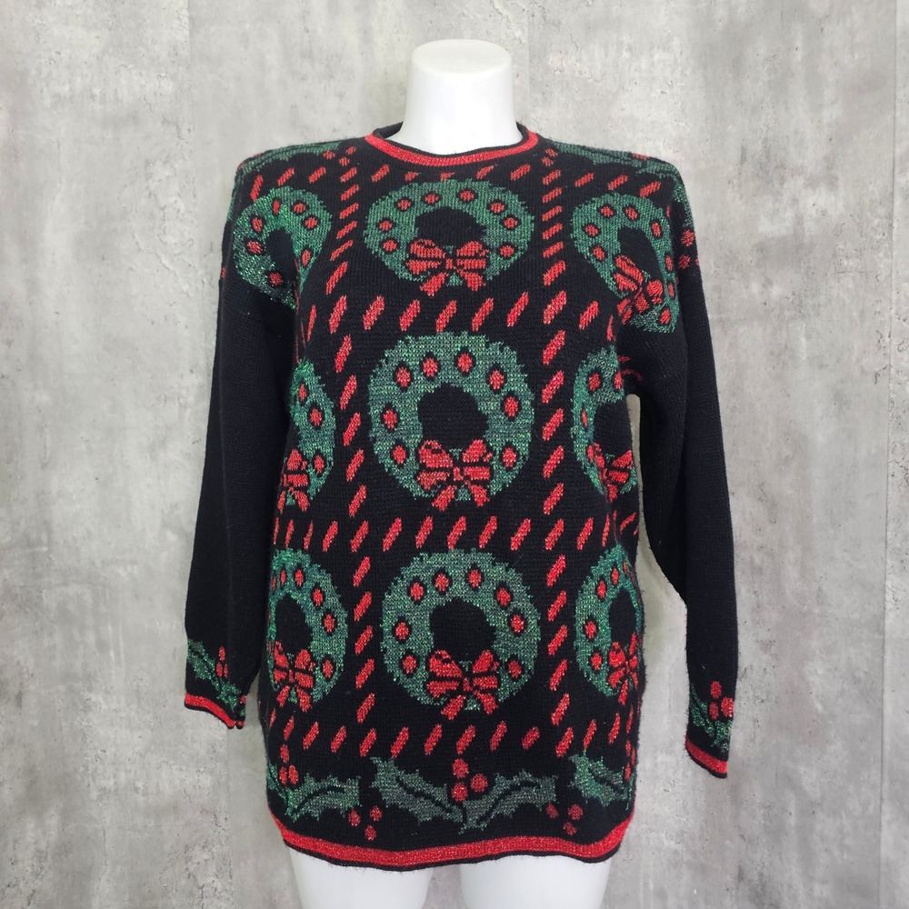 Holiday Time Vintage Christmas Wreath Metallic Knit Sweater Black Red Green M